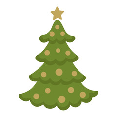 Decorated Christmas tree isolated on a white background. Color icon, vector illustration, design element for card, invitations and christmas decor.	