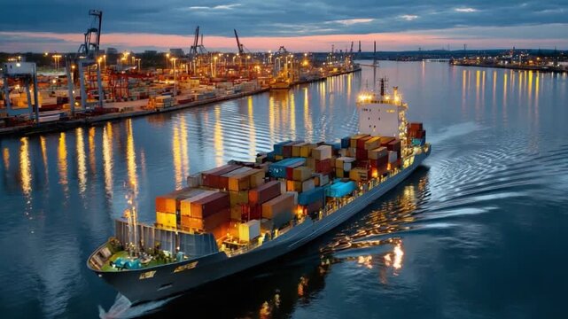 Maritime Trade: A large cargo ship navigates through a busy harbor at twilight, its containers ready to transport goods, representing the essence of global commerce and efficient logistics.