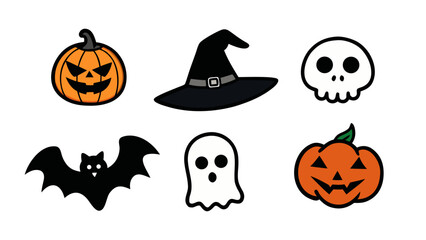 Fototapeta premium Set of 6 Halloween Spooky Icons in Black on White — Minimal Horror SVG Illustrations