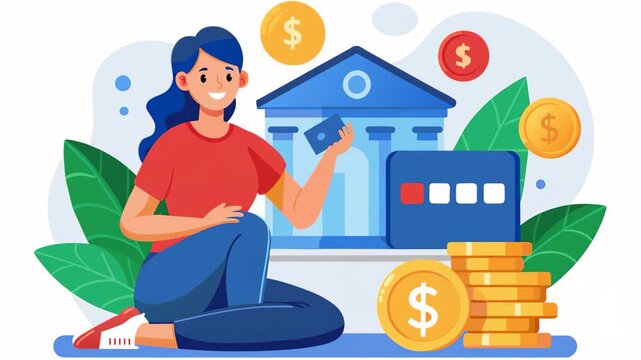 A woman sits on the ground next to stacks of coins and a credit card, Bank worker sitting with coins and credit card trending, Simple and minimalist flat 2d Animation