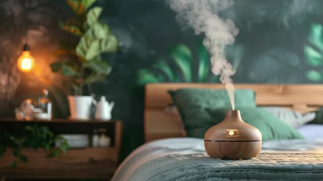 Wooden diffuser emitting mist on bed in cozy green-themed bedroom