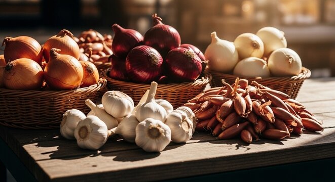 Onions, garlic, and shallots in wicker baskets on a wooden table under warm light
