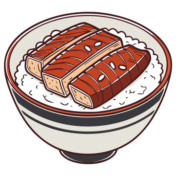 Japanese Unagi Donburi Vector Illustration. Restaurant menu graphics, gourmet branding, cultural food posters, culinary illustration