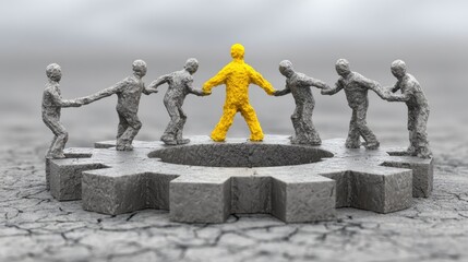 Unique Leadership Concept with Yellow Figure Surrounded by Gray Figures in Gear System on Cracked Ground