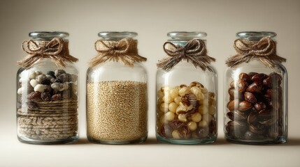 Assorted Glass Jars Filled with Healthy Snacks, Nuts, and Seeds on Neutral Background for Wellness and Healthy Eating Concepts