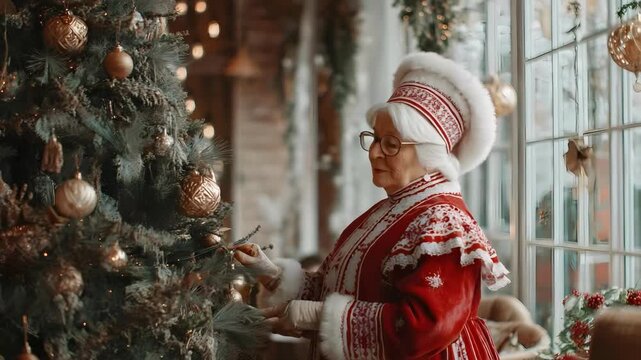 Child in red knit sweater and white hat decorating a Christmas tree with gold ornaments by a sunlit window.
