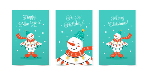 Merry Christmas and Happy New Year greeting cards Set. Xmas templates with New Year's illustration of a snowman with garlands for web, social media, print