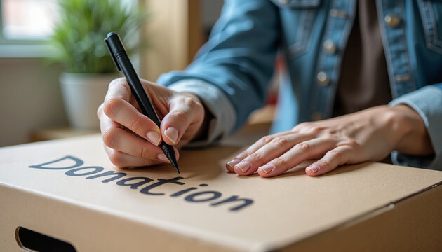 Hand writing "Donation" on a cardboard box with a black pen in a cozy indoor setting, ready for charitable contribution