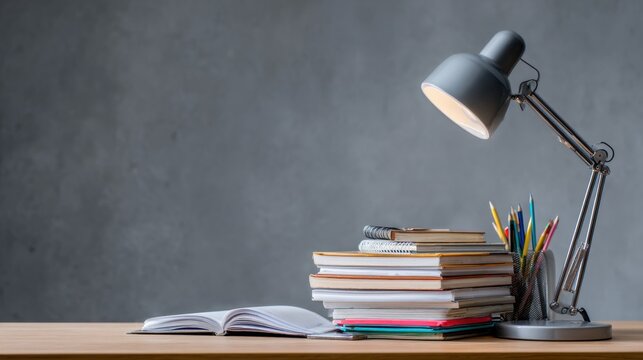 Desk Setup with Books, Stationery, and Lamp for Study or Work Environment with Gray Background