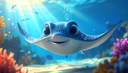 Smiling ray in vibrant ocean