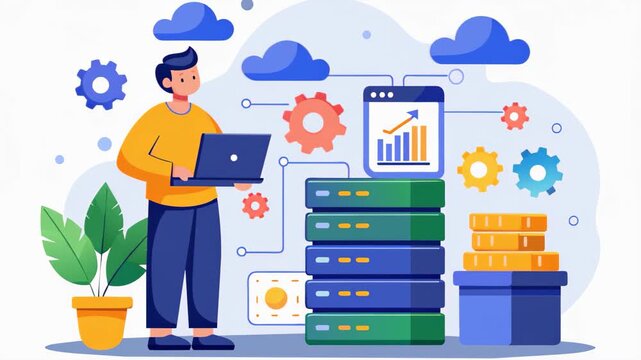Man Standing in Front of Stack of Data, big data management concepts backup service technician, Simple and minimalist flat 2d Animation