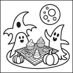 Bold and easy spooky Halloween black and white coloring pages for adults with Halloween-related elements.