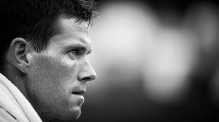 Intense profile of a focused athlete with sweat beads, showcasing determination during a competitive moment