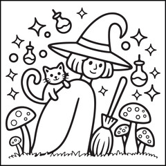 Bold and easy spooky Halloween black and white coloring pages for adults with Halloween-related elements.