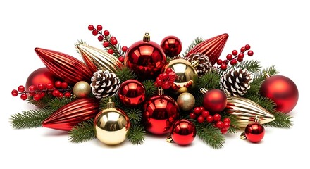 A festive and abundant christmas centerpiece arrangement featuring shiny red and gold baubles pinecones evergreen branches and red berries on a white background
