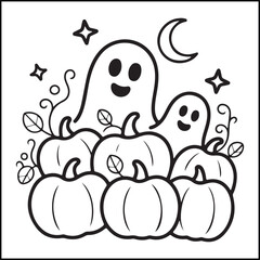 Bold and easy spooky Halloween black and white coloring pages for adults with Halloween-related elements.