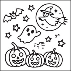 Bold and easy spooky Halloween black and white coloring pages for adults with Halloween-related elements.