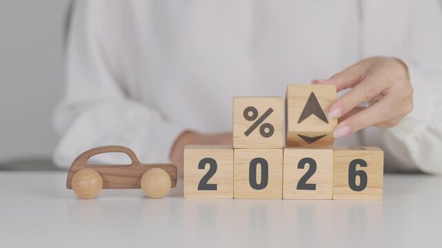 2026 New Year with percentage change to UP and Down arrow with car model. Car loan, Interest rate, Insurance, Financial, vehicle Repair, Automobile Tax, mortgage and Maintenance