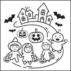 Bold and easy spooky Halloween black and white coloring pages for adults with Halloween-related elements.