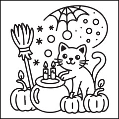 Bold and easy spooky Halloween black and white coloring pages for adults with Halloween-related elements.