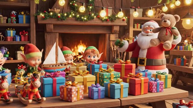 Christmas magic comes alive in Santa's workshop as joyful elves prepare gifts and celebrate the holiday spirit with laughter and cheer
