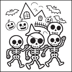 Bold and easy spooky Halloween black and white coloring pages for adults with Halloween-related elements.