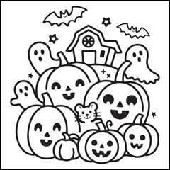 Bold and easy spooky Halloween black and white coloring pages for adults with Halloween-related elements.