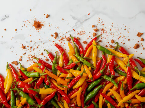 Vibrant top view flat lay of assorted fresh chili peppers in red, green, and yellow, piled on a clean white marble surface with chili powder.