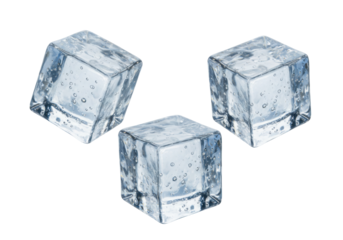 Three clear ice cubes isolated on transparent background, refreshing frozen water blocks for summer drinks and beverage photography