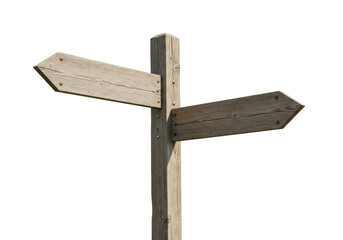 Wooden direction sign isolated on transparent background, rustic arrow signpost for outdoor navigation and wayfinding PNG
