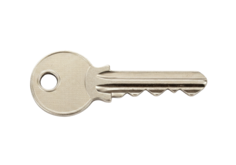 Silver metal key isolated on transparent background, house security tool for unlocking doors and providing access control