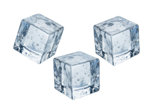 Three clear ice cubes isolated on transparent background, refreshing frozen water blocks for summer drinks and beverage photography