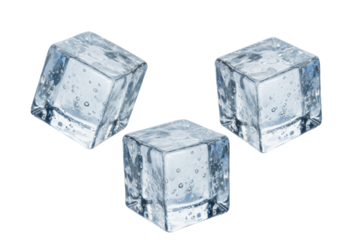 Three clear ice cubes isolated on transparent background, refreshing frozen water blocks for summer drinks and beverage photography