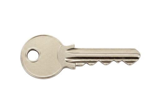 Silver metal key isolated on transparent background, house security tool for unlocking doors and providing access control
