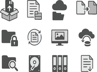 Digital Archiving Management Icon Set include, Data Preservation, Metadata Standards, Cloud Storage, File Format Migration, Access Control, Version Control