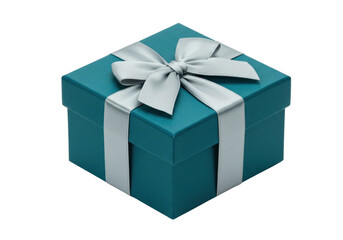 Teal gift box with silver ribbon isolated on transparent background, present for birthday or special occasion