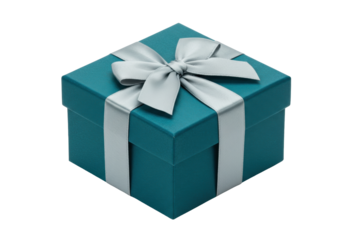 Teal gift box with silver ribbon isolated on transparent background, present for birthday or special occasion