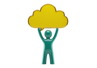 Green figurine holding yellow cloud isolated on transparent PNG, concept of cloud computing and data storage