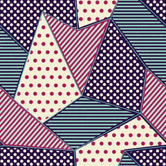 seamless geometric pattern Displays a geometric patchwork pattern with polka dots. Full-frame composition, multicolor tone. Modern style, design background