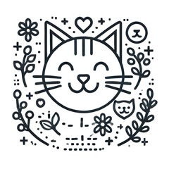 Cute cat face whiskers, ears and nose line icon
