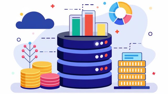 Multiple stacks of coins piled together in close proximity, bigdata storage capacity analysis, Simple and minimalist flat 2d Animation