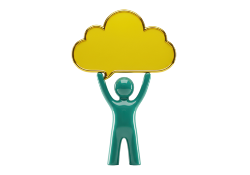 Green figurine holding yellow cloud isolated on transparent PNG, concept of cloud computing and data storage