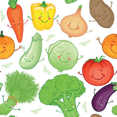 vegetables and fruits Displays a pattern with smiling vegetables like carrots, peppers, and tomatoes. Full-frame composition, multicolor tone. Illustration style, culinary background