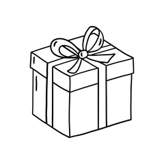 Gift box with a bow. Hand drawn illustration in line style.