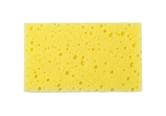 Yellow porous sponge isolated on transparent background, cleaning tool for household chores and dishwashing