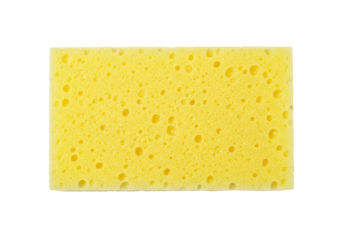 Yellow porous sponge isolated on transparent background, cleaning tool for household chores and dishwashing
