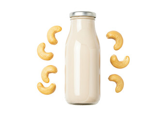 Cashew milk in glass bottle isolated, plant based dairy free drink for healthy vegan diet and lactose intolerance PNG