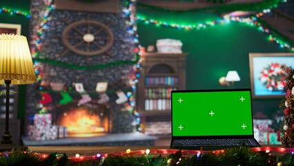 Warm festive empty log cabin with a green screen running on laptop, colorful decorations and garlands creating a magical vibe for the Christmas holiday season. Traditional festivity.