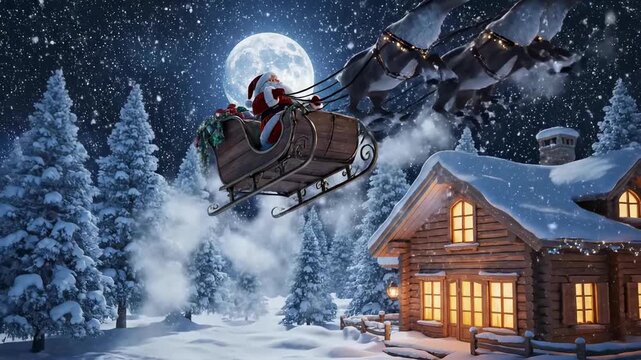Santa rides in the snow with reindeer on a magical Christmas night under the bright moon