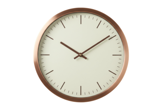 Copper wall clock isolated on white, modern timekeeping device for home decor and office use